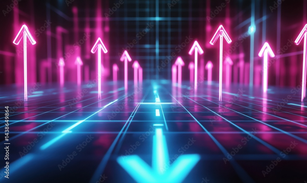 Poster neon arrows pointing upwards in a futuristic digital landscape with grid background