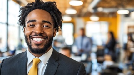 Obraz premium Smiling businessman in modern office, colleagues blurred background, corporate portrait, website use