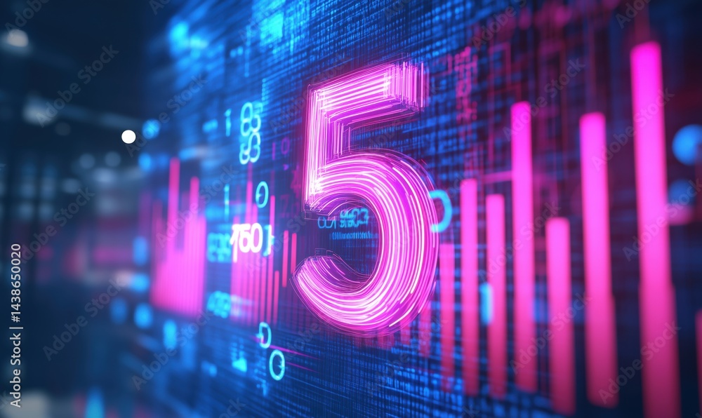 Poster digital representation of number 5 with data visualization elements in background
