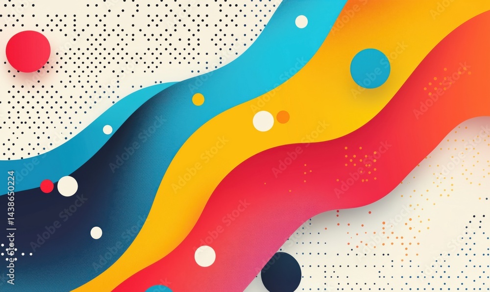 Poster colorful abstract waves with circles and dots in vibrant design
