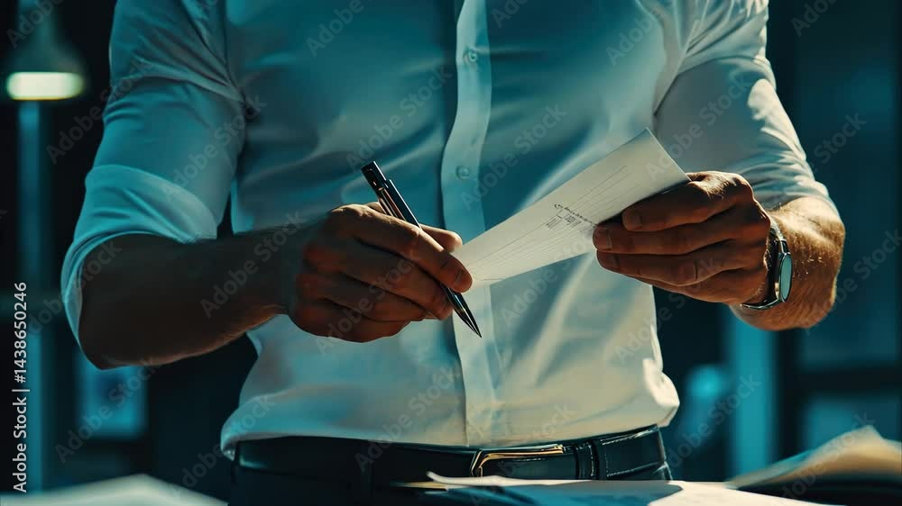 Poster manager outlines new employee tasks while holding documents in an office setting, manager sets new t
