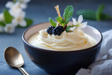 Delicious creamy dessert decorated with fresh blackberry and mint