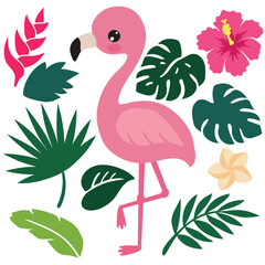 Pretty pink flamingo and tropical leaves vector cartoon illustration