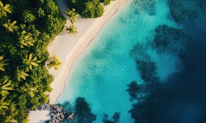 Aerial view of tropical beach with clear turquoise water and lush green palm trees