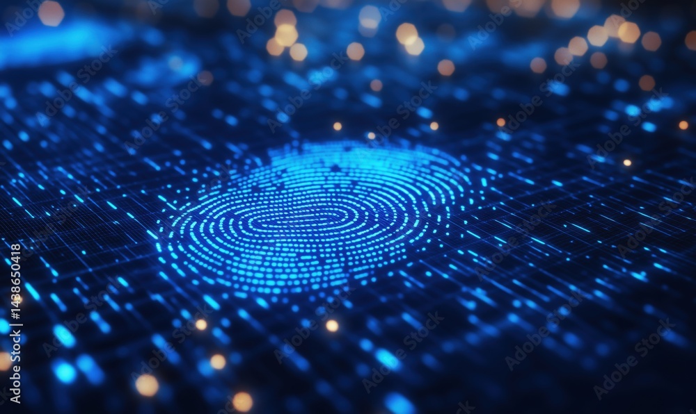 Poster digital fingerprint pattern on glowing blue background with abstract data visualization