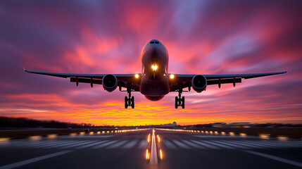 Fototapeta premium Flugzeug startet bei dramatischem Sonnenuntergang von einer beleuchteten Landebahn