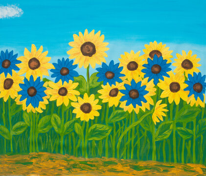 Yellow and blue sumflowers acrylic painting on canvas