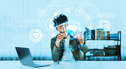 Skilled african man looking at personal data while wearing VR glasses. Person with casual shirt checking and analyzing security protection and accessing firewall protection. Technology. Ingenuity.