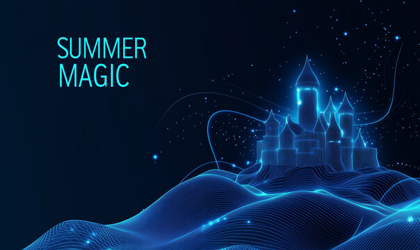 Futuristic 3D Sandcastle with Glowing Tech Effects – 'SUMMER MAGIC' Minimalist Vector Design, Navy Blue Vacation Banner with Copy Space for Family Holiday Branding,vip pack,trending now