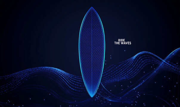 Minimalist 3D Surfboard with Glowing Neon 'RIDE THE WAVES', Futuristic Ocean Vector, Digital Tech Pattern on Navy Blue, Summer Adventure Banner & Sports Template, Copy Space for Branding, AI-Generated
