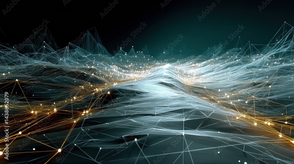 Poster Digital Terrain Illuminated by a Network of Bots Sharing Light in an Abstract Landscape Filled With Interconnected Data Streams
