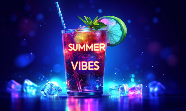 Neon Summer Vibes Cocktail – Glowing Digital Drink with Electric Blue Text (Cyberpunk Beverage Vector, High-Res Social Media Banner, Copy Space, Mockup Ready)