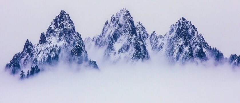 Snowy mountain peaks shrouded in mist; serene landscape