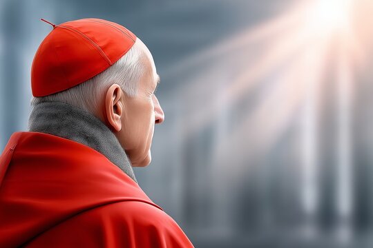 Senior cardinal wearing red zucchetto and mozzetta looking towards light in church, contemplating faith, religion and spirituality