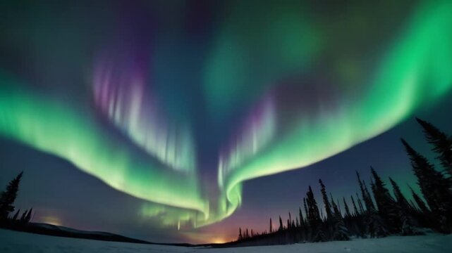 Dramatic aurora borealis display, vibrant green and purple, natural light phenomenon over snowy landscape with silhouette trees
