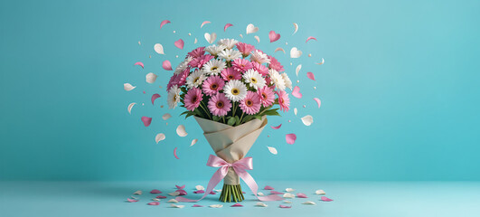 Banner, bannière, bouquet de fleurs et pétales de cœurs volants, espace vide pour du texte