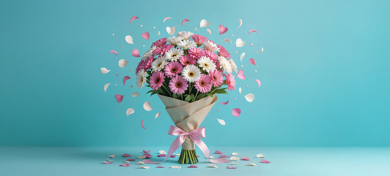 Banner, banni&egrave;re, bouquet de fleurs et p&eacute;tales de c&oelig;urs volants, espace vide pour du texte