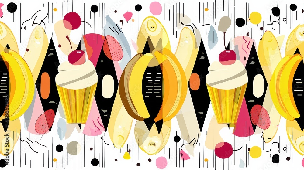 Poster banana split design featuring vibrant colors in a symmetrical layout with playful graphic elements a