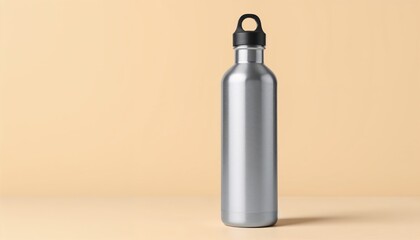 Metal water bottle with black cap on beige background, reusable eco-friendly drink container for fitness, outdoor activities, hydration, healthy lifestyle and wellness