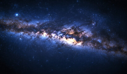 Fototapeta premium Dark night sky background with stars and the Milky Way, starry night sky, dark blue sky with small white dots of the Milky Way in space.