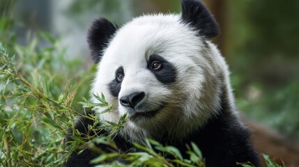 Obraz premium Panda Relaxing Among Green Bamboo in a Serene Natural Habitat