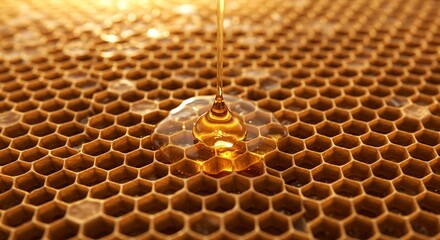 Honey dripping onto honeycomb surface golden yellow texture