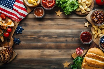 A festive Fourth of July BBQ feast on a rustic wooden table complete with grilled meats potato wedges burger buns and various condiments surrounded by American