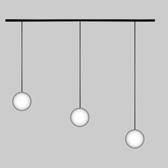 Three spherical pendant lights with patterned surface hang on black cords fixed on black horizontal rod on gray background. EPS10 vector illustration.
