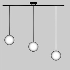 Three spherical pendant lights with patterned surface hang on black cords fixed on black horizontal rod on gray background. EPS10 vector illustration.