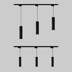 On a gray background, two horizontal black track lighting systems of cylindrical shape. Vector illustration EPS10.