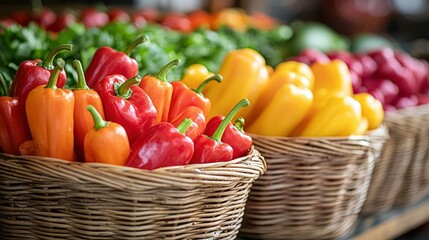 Baskets full of colorful peppers, vibrant veggies