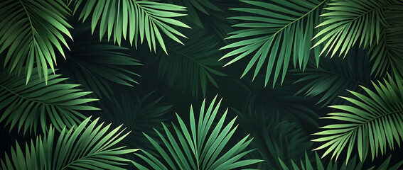 Dark green seamless pattern with outline palm leaves, line art background for textile design. 