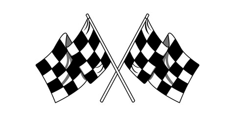 Two black and white checkered flags are crossed in the center of the image. Two crossed racing flags. Formula 1 championship, isolated flags. Checkered simple flags.