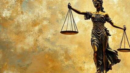 Lady justice sculpture gradually revealing against golden background