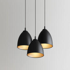 Three black hanging lamps modern lighting fixtures isolated on white background
