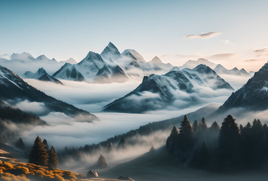 mountains in the fog AI Generated. AI Generative.of mountains forest fog morning mystic. Graphic Art Amazing wild nature view of layer of mountain forest landscape with cloudy sky.Natural green scener