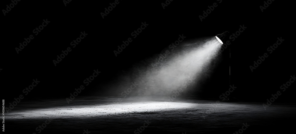 Poster dark, foggy background with a spotlight shining down on an empty concrete floor, creating an atmosph