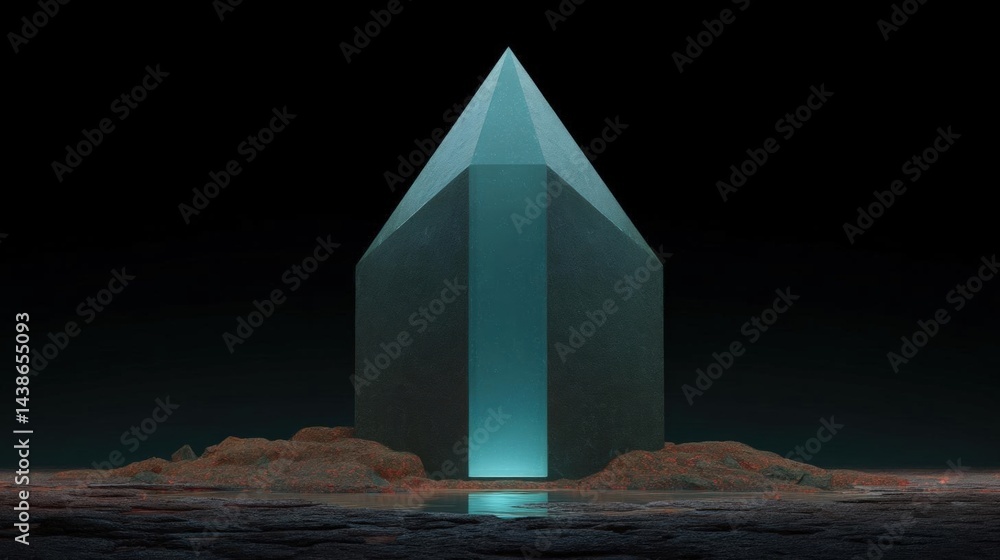 Poster 3d rendering of a pyramid-shaped object, which appears to be a crystal or a pyramid.