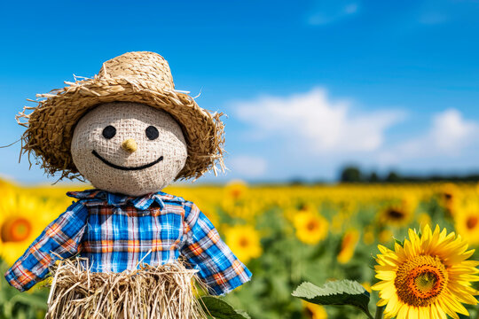 Autumn scarecrow in plaid with straw hat in field - Powered by Adobe