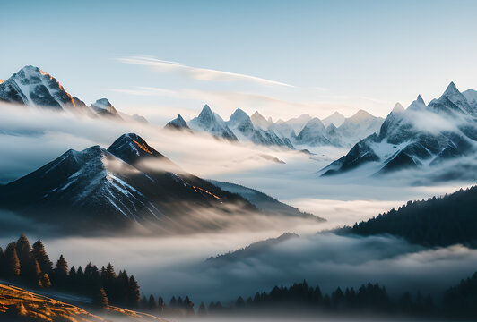 mountains in the fog AI Generated. AI Generative.of mountains forest fog morning mystic. Graphic Art Amazing wild nature view of layer of mountain forest landscape with cloudy sky.Natural green scener