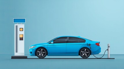 Side view blue electric car charging EV station eco power concept Clean energy illustration