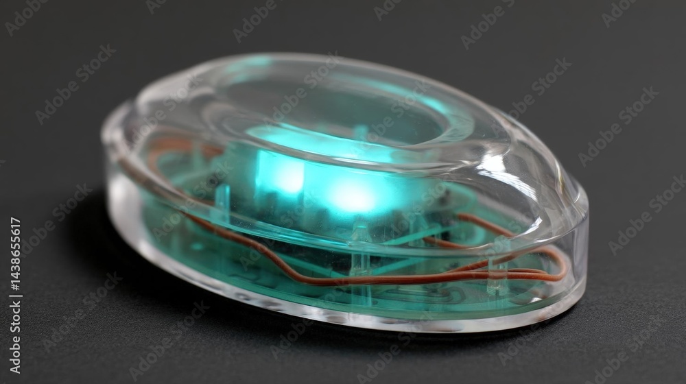 Poster round, transparent object with a green circuit board inside. the circuit board appears to be made of