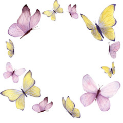 Composition with yellow purple and pink fantasy butterflies by watercolor 