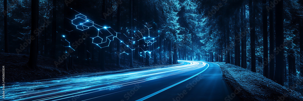 Poster dark blue background with white lines and hexagons representing technology, digital connections, or 