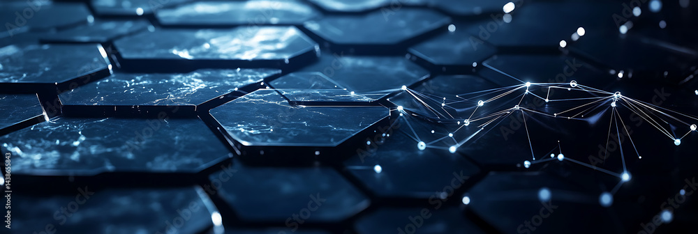 Poster dark blue background with white hexagonal tech elements and data connections, representing digital t