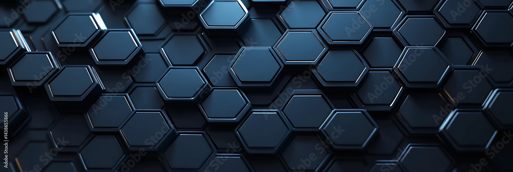 Poster dark blue background with white hexagonal tech elements and data connections, representing digital t