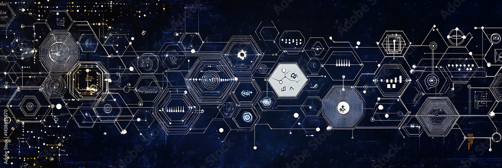 Poster dark blue background with white hexagonal tech elements and data connections, representing digital t