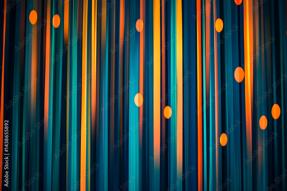 Poster dark blue background with vertical lines of orange and teal lights, creating an abstract design.