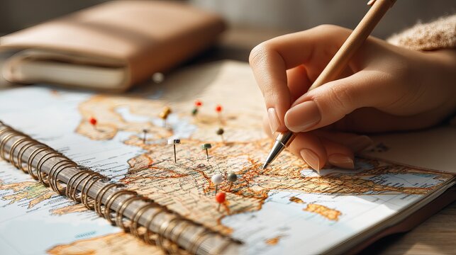 Woman plans trip takes notes and marks map with pins Travel itinerary and route planning concept