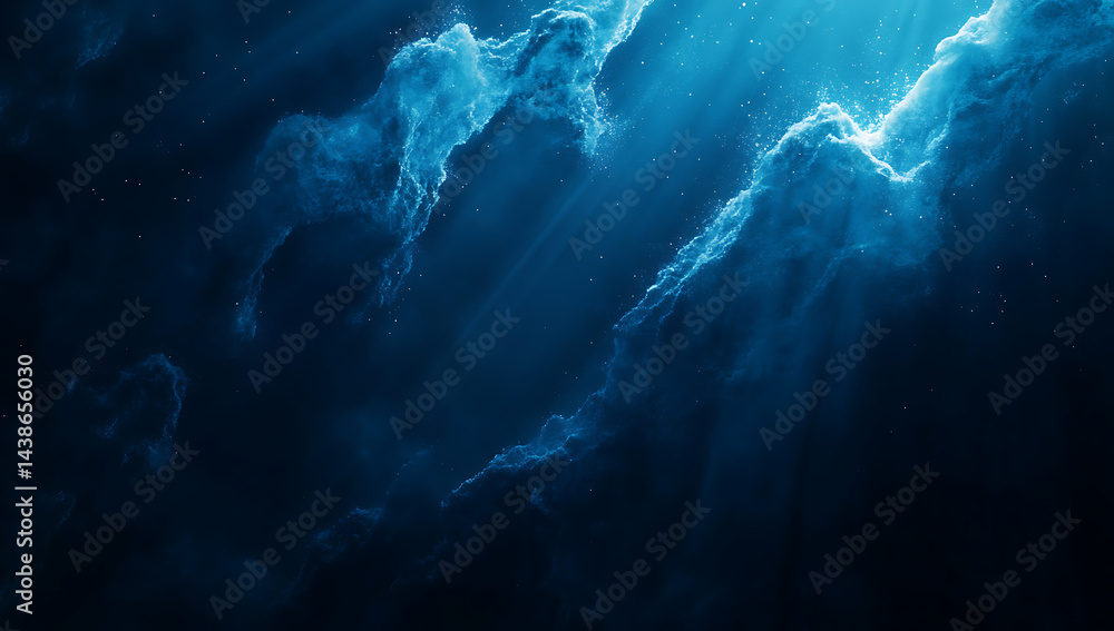 Poster dark blue background with light rays and glowing particles, creating an atmosphere of mystery and ma